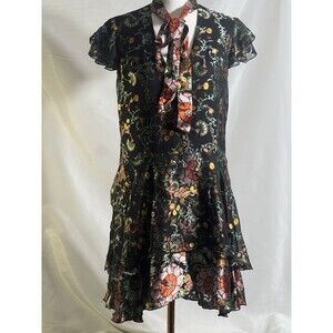 Alice + Olivia Dress Woman's Moore Tiered Layered Black Floral Vinelands Size 2